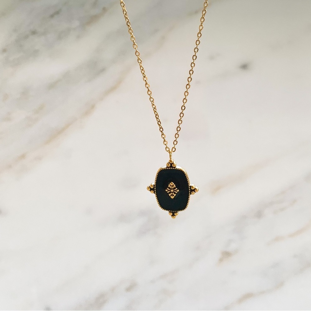 Black enamel necklace, black pendant necklace, retro necklace, enamel necklace